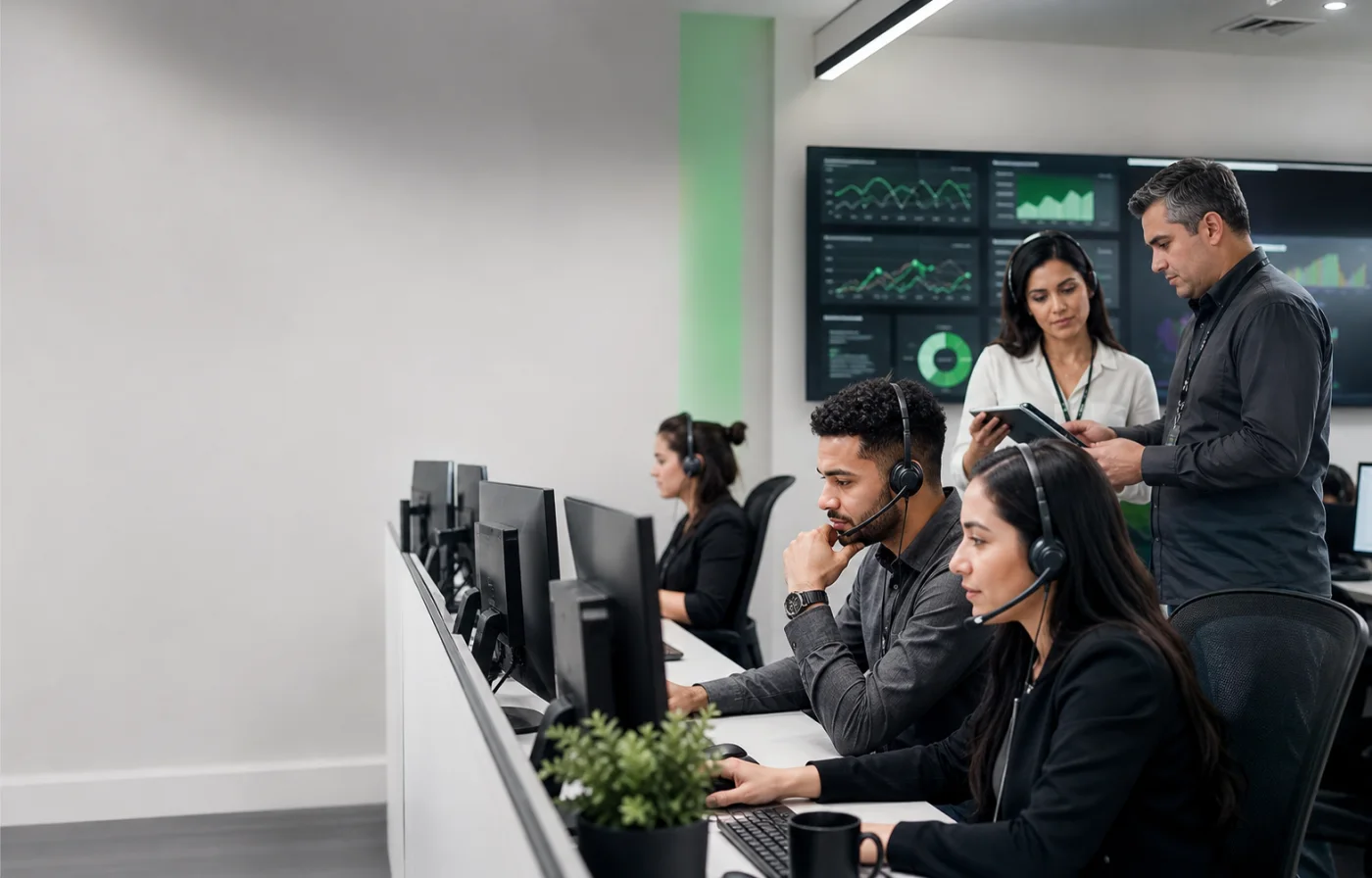 Equipe em uma operação moderna de atendimento por voz