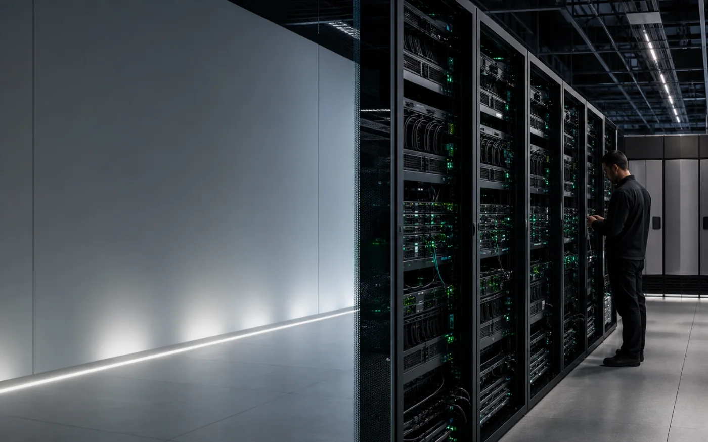 Corredor de data center com racks e técnico em atividade